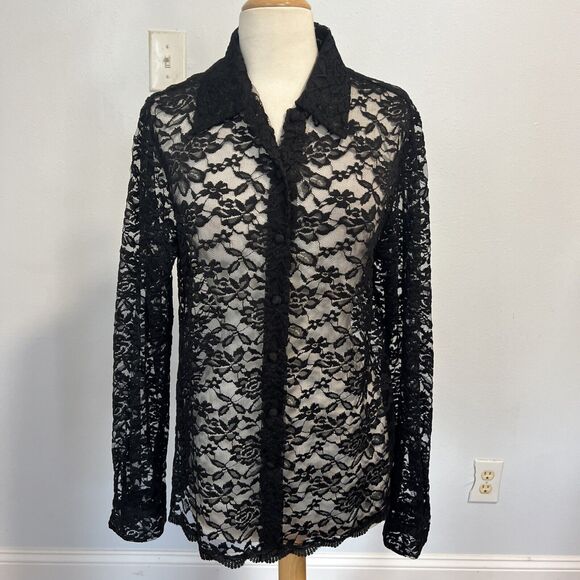 90's Y2k Mesh Lace Whimsigoth Blouse Grunge Long Sleeve Size 12‎ - Picture 1 of 7